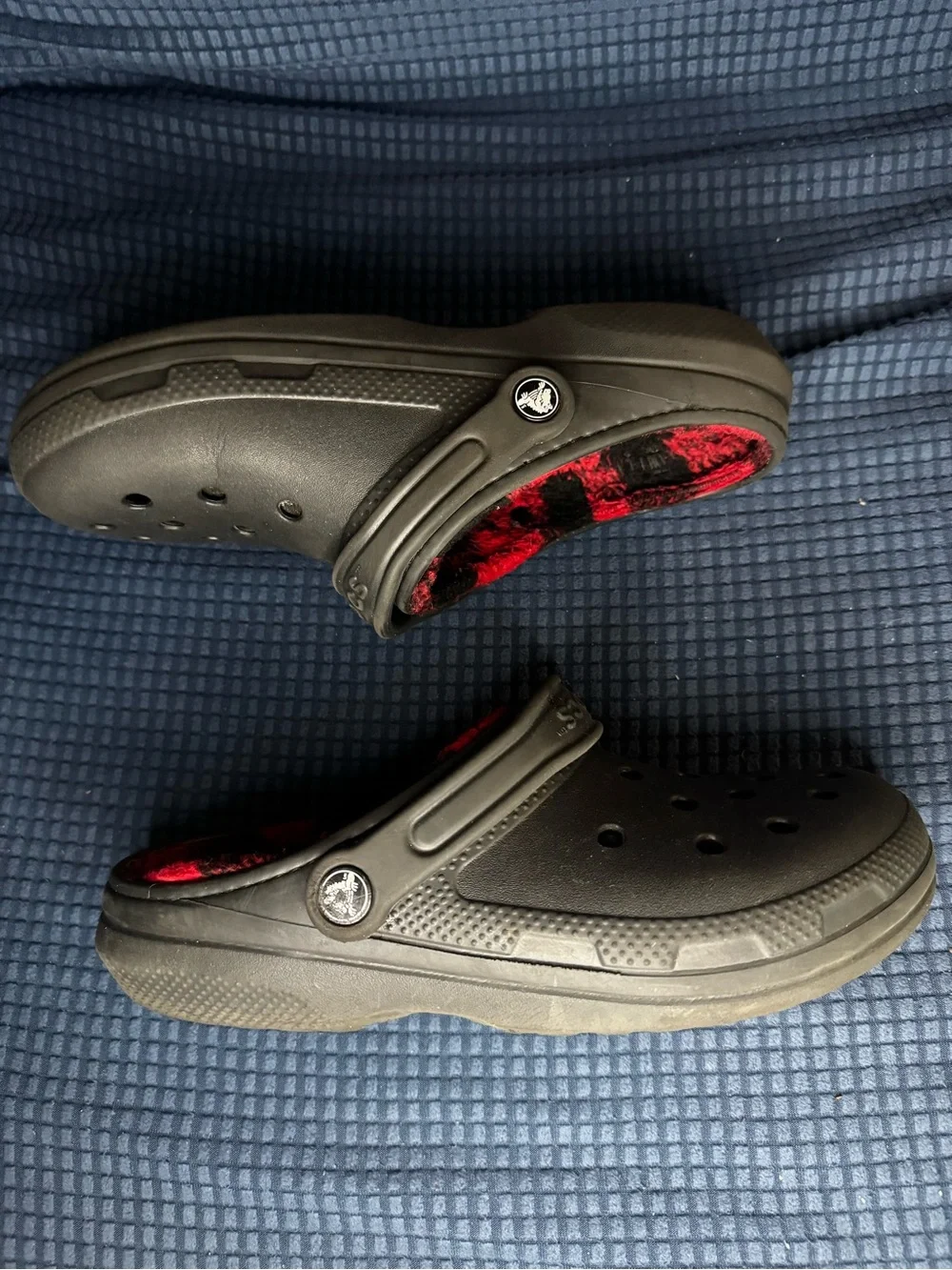 CROCS Black Classic Clog with Red/Black Buffalo Plaid Plush Lining